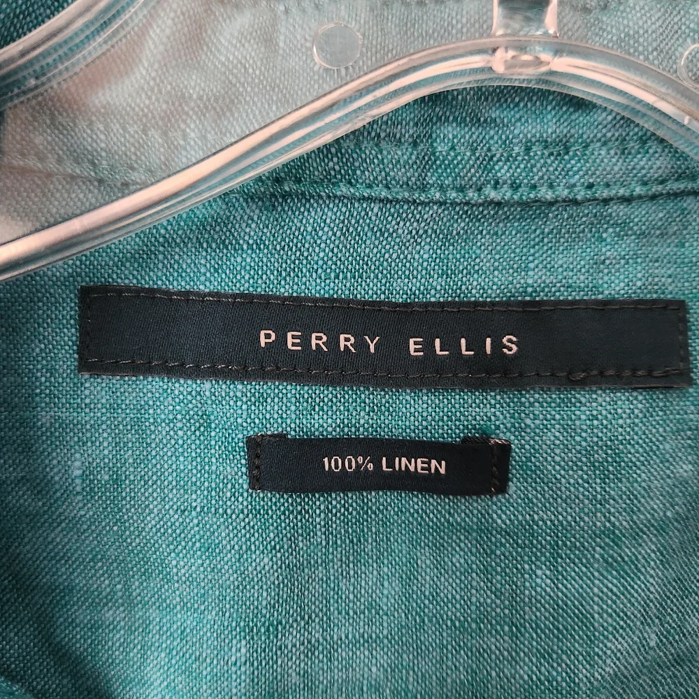 Perry Ellis 100% Linen Short Sleeve Button Down Turquoise  Shirt Mens S - Picture 8 of 12